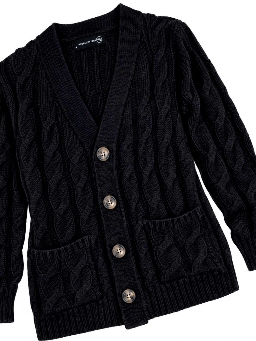 PRETTY GARDEN Black Cable-Knit Button-Front Cardigan
